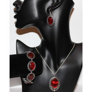 Vintage Sterling Silver Red Cabochon Necklace Bracelet Earrings Set 925 24”